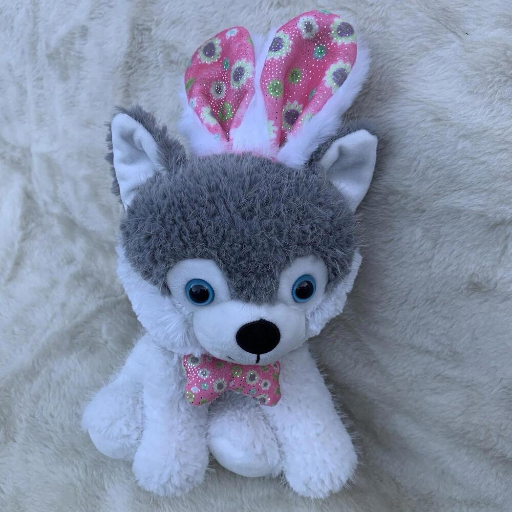 Easter Husky Dog Plush Bunny Ears Bowtie 12” Stuffed Animal Gray White Cute Toy